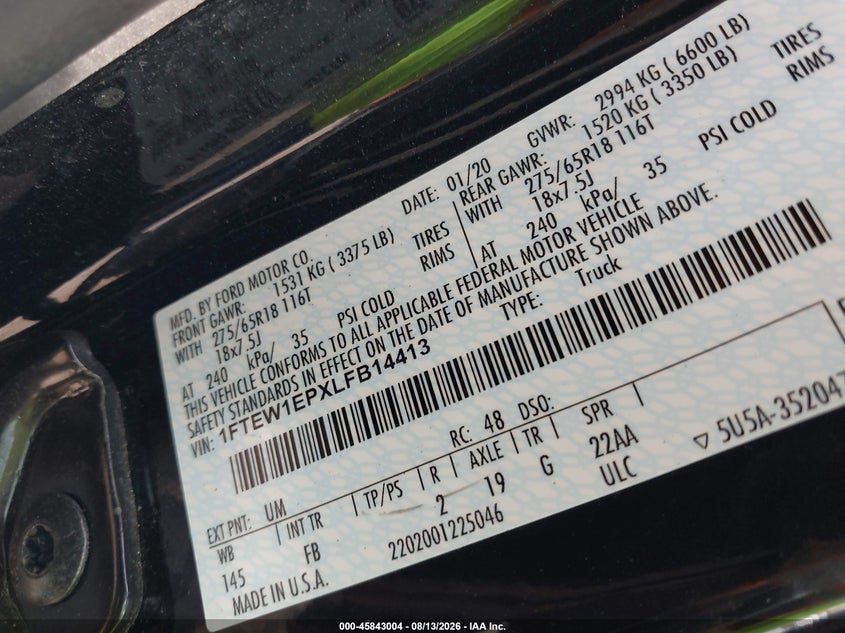 FORD F-150 2020 VIN 1FTEW1EPXLFB14413