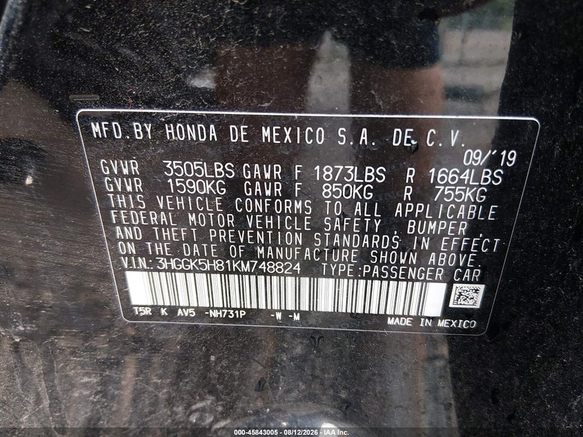 HONDA FIT 2019 VIN 3HGGK5H81KM748824