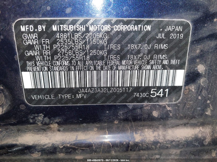 MITSUBISHI OUTLANDER 2020 VIN JA4AZ3A32LZ005117