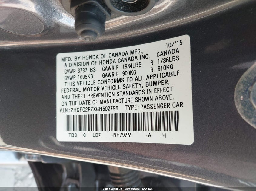 2016 HONDA CIVIC auction photo 8