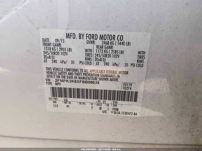 FORD EDGE 2015 VIN 2FMPK3K8XFBB98635