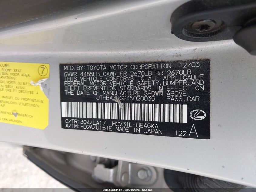 2004 LEXUS ES SEDAN 3.3L V-6 DOHC, VVT, 225HP
