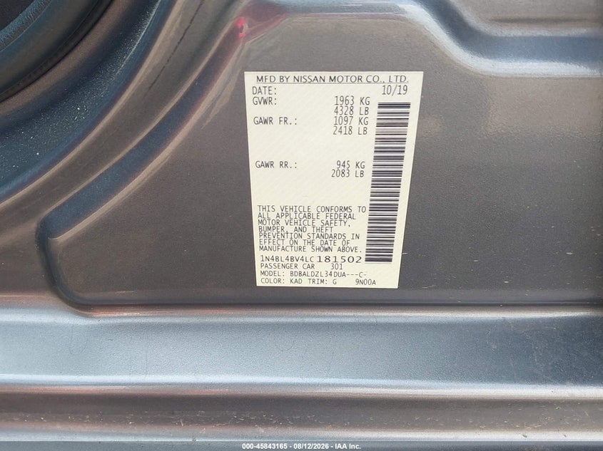 NISSAN ALTIMA 2020 VIN 1N4BL4BV4LC181502