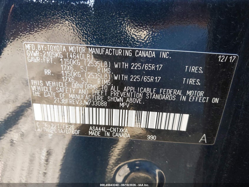 2018 TOYOTA RAV 4 SPORT UTILITY VEHICLE 2.5L I4 FI DOHC 16V NF4