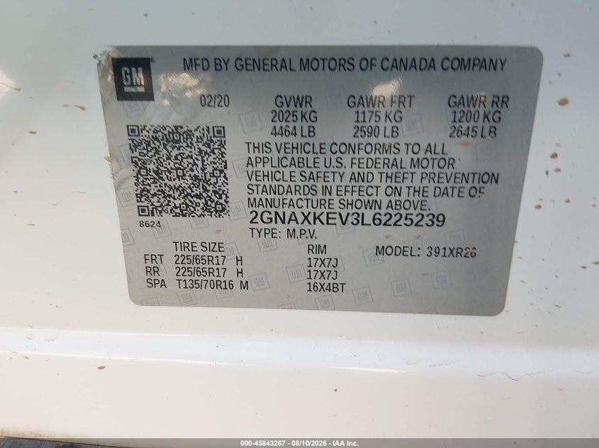 CHEVROLET EQUINOX 2020 VIN 2GNAXKEV3L6225239