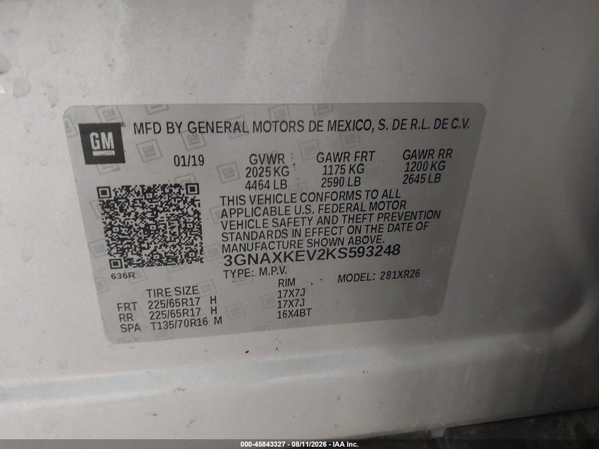 CHEVROLET EQUINOX 2019 VIN 3GNAXKEV2KS593248