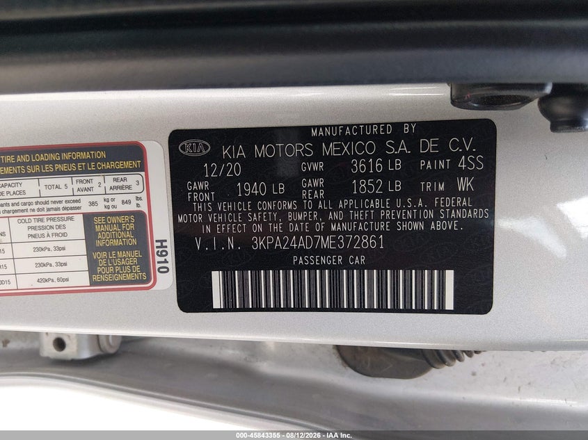 KIA RIO 2021 VIN 3KPA24AD7ME372861