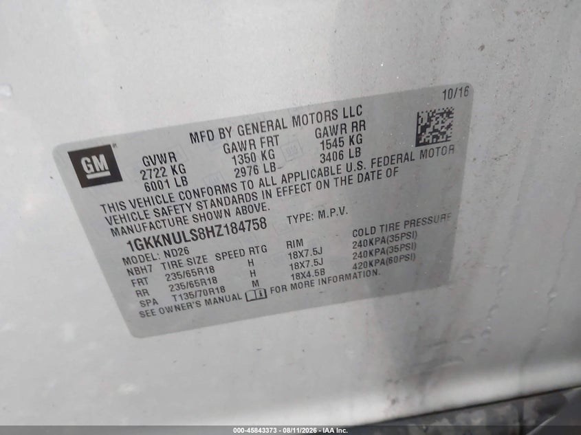 GMC ACADIA 2017 VIN 1GKKNULS8HZ184758