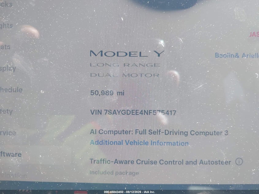 TESLA MODEL Y 2022 VIN 7SAYGDEE4NF575417