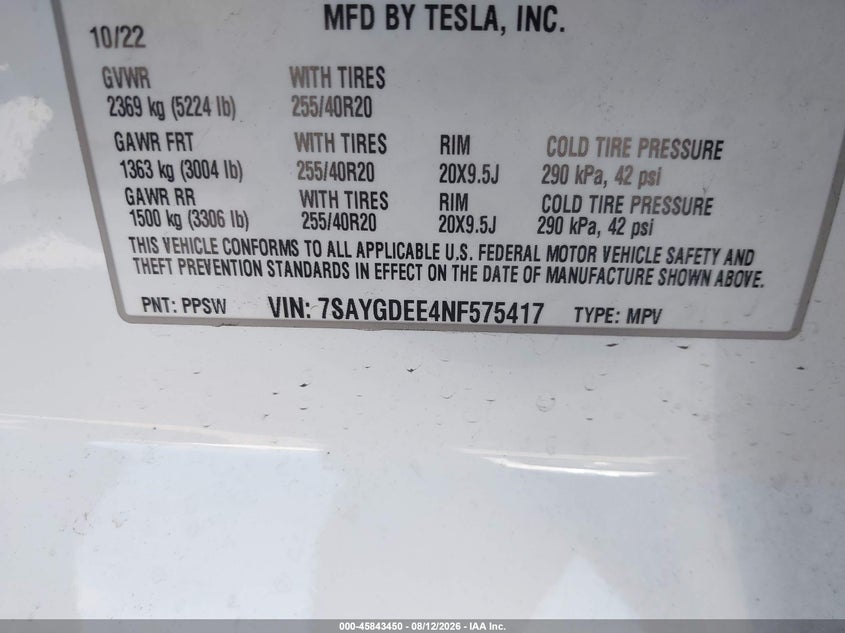 TESLA MODEL Y 2022 VIN 7SAYGDEE4NF575417