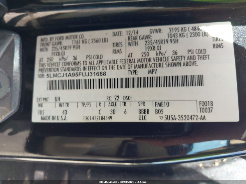 LINCOLN MKC 2015 VIN 5LMCJ1A95FUJ31688