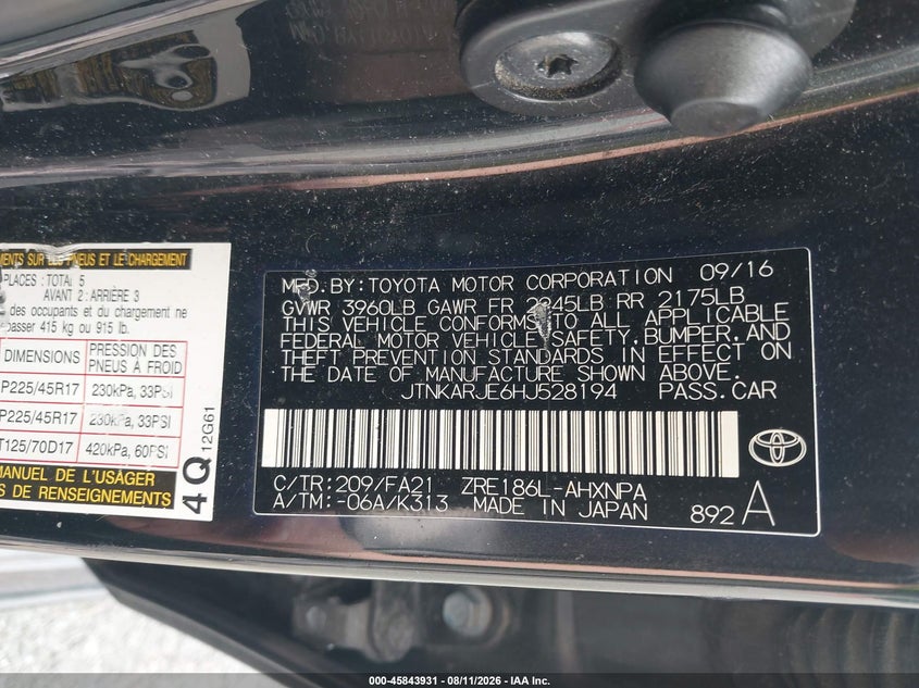 TOYOTA COROLLA IM 2017 VIN JTNKARJE6HJ528194