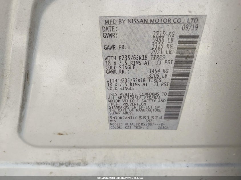 NISSAN PATHFINDER 2020 VIN 5N1DR2AN1LC581374