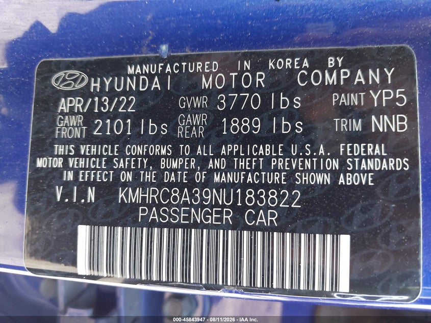 HYUNDAI VENUE 2022 VIN KMHRC8A39NU183822