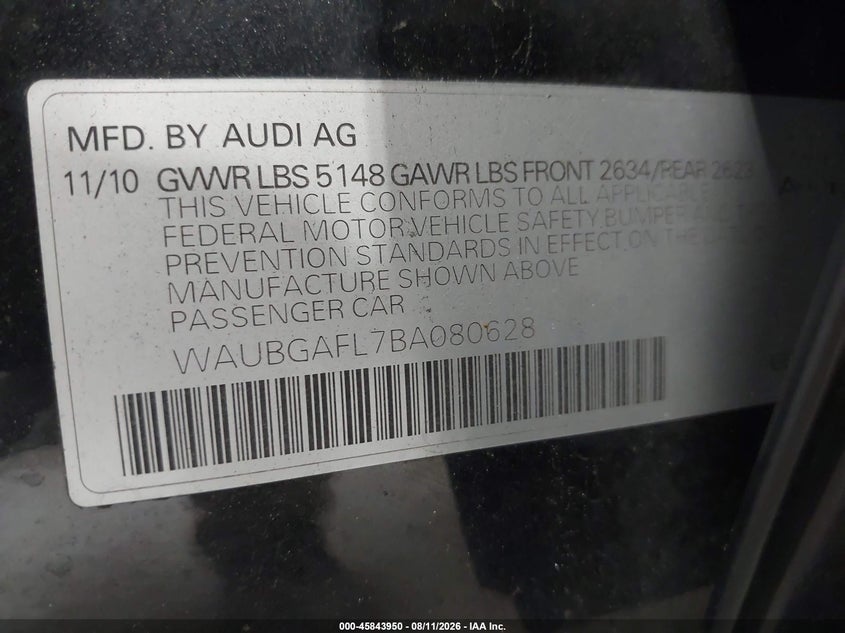AUDI S4 2011 VIN WAUBGAFL7BA080628