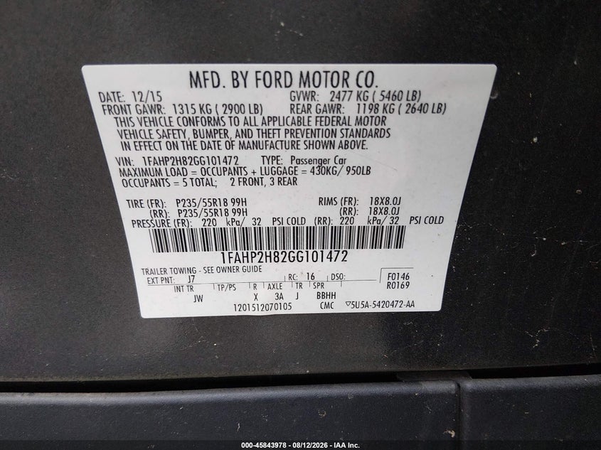 FORD TAURUS 2016 VIN 1FAHP2H82GG101472