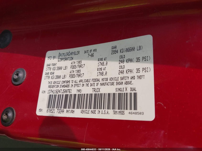 DODGE RAM 1500 2007 VIN 1D7HU16247J500761