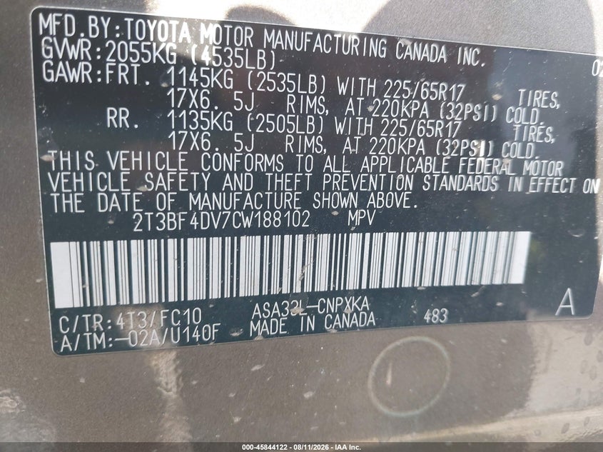 2012 TOYOTA RAV 4 SPORT UTILITY VEHICLE 2.5L I-4 DOHC, VVT, 179HP