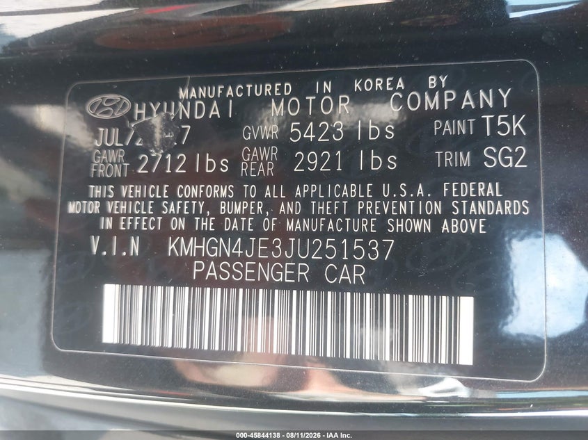 GENESIS G80 2018 VIN KMHGN4JE3JU251537