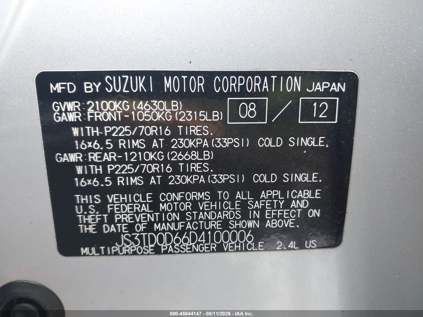 SUZUKI GRAND VITARA 2013 VIN JS3TD0D66D4100006