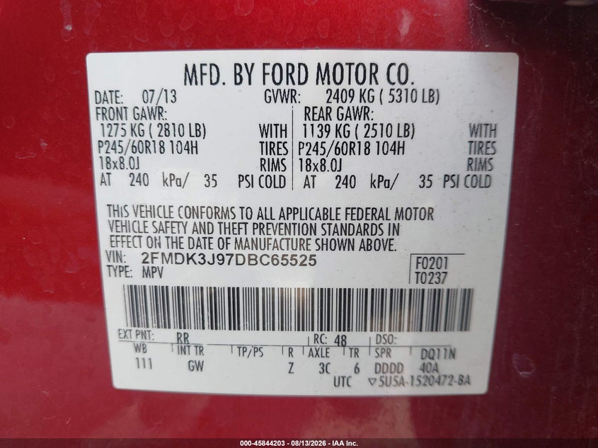 2013 FORD EDGE SPORT UTILITY VEHICLE 2.0L I4 FI DOHC 16V NF4