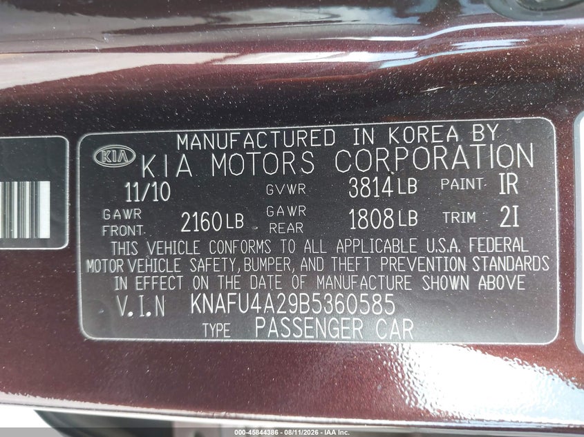2011 KIA FORTE SEDAN 2.0L I-4 DOHC, VVT, 156HP