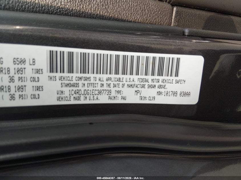 DODGE DURANGO 2014 VIN 1C4RDJDG1EC307739