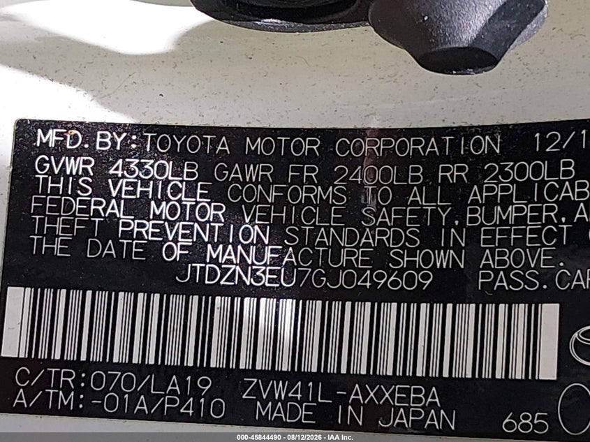 TOYOTA PRIUS V 2016 VIN JTDZN3EU7GJ049609