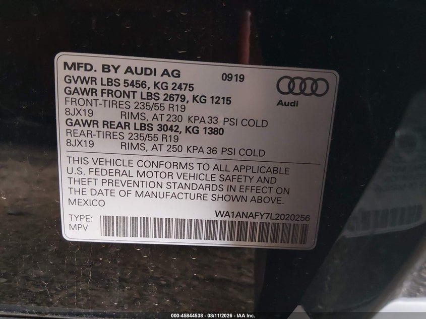 AUDI Q5 2020 VIN WA1ANAFY7L2020256