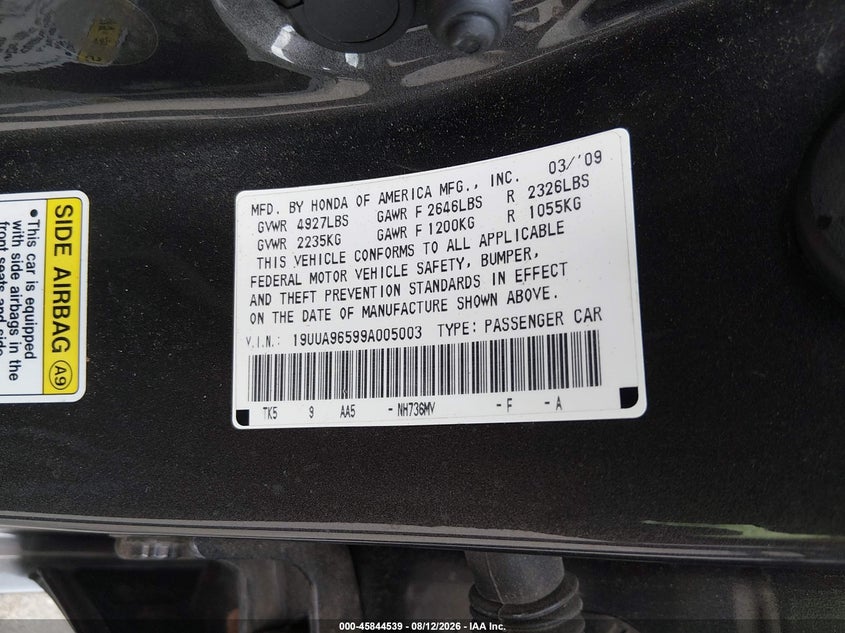 ACURA TL 2009 VIN 19UUA96599A005003