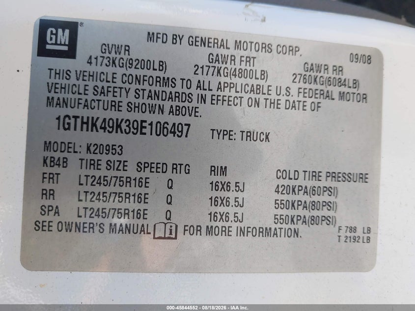 GMC SIERRA 2500HD 2009 VIN 1GTHK49K39E106497