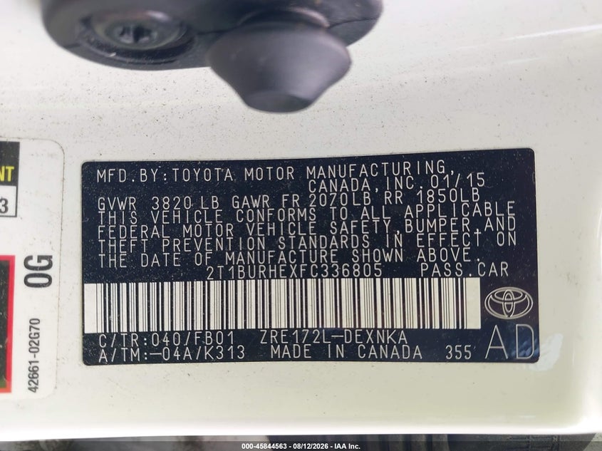 2015 TOYOTA COROLLA SEDAN 1.8L I-4 DOHC, VVT, 132HP