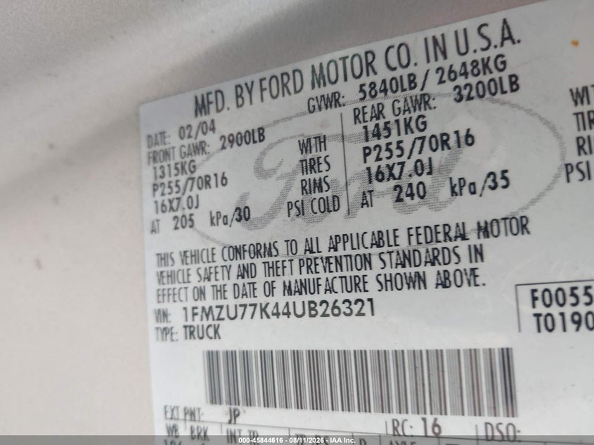 FORD EXPLORER SPORT TRAC 2004 VIN 1FMZU77K44UB26321