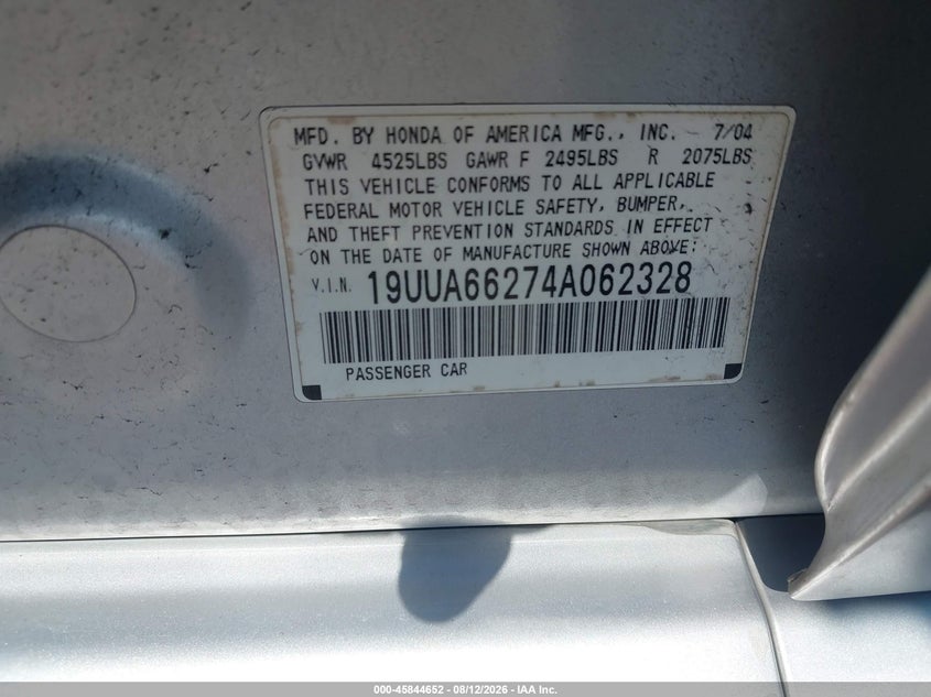 ACURA TL 2004 VIN 19UUA66274A062328