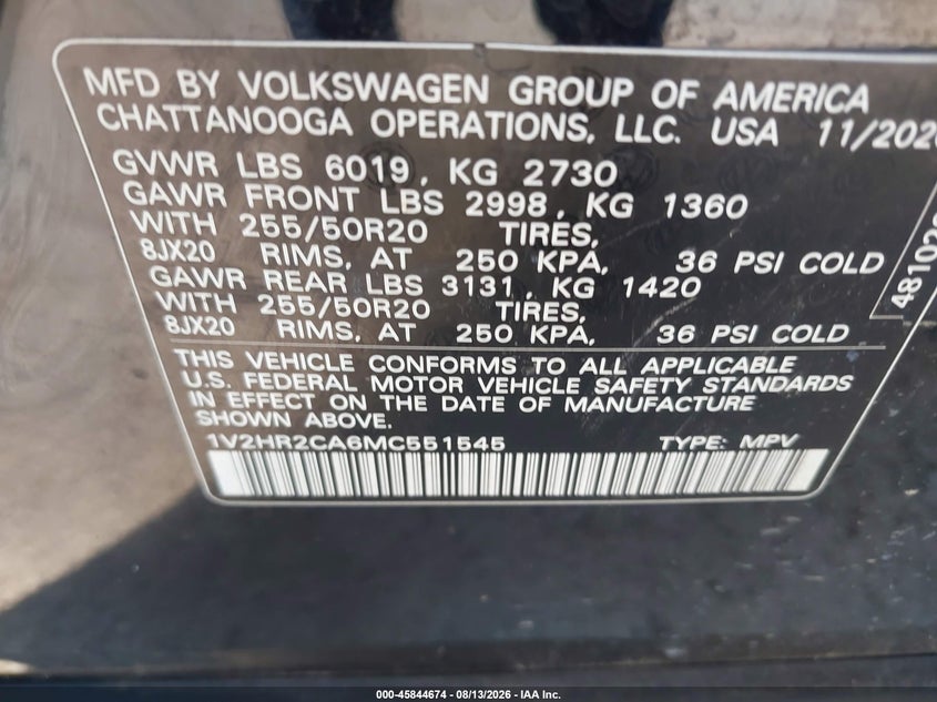 VOLKSWAGEN ATLAS 2021 VIN 1V2HR2CA6MC551545