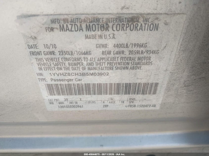 MAZDA MAZDA6 2011 VIN 1YVHZ8CH3B5M03902