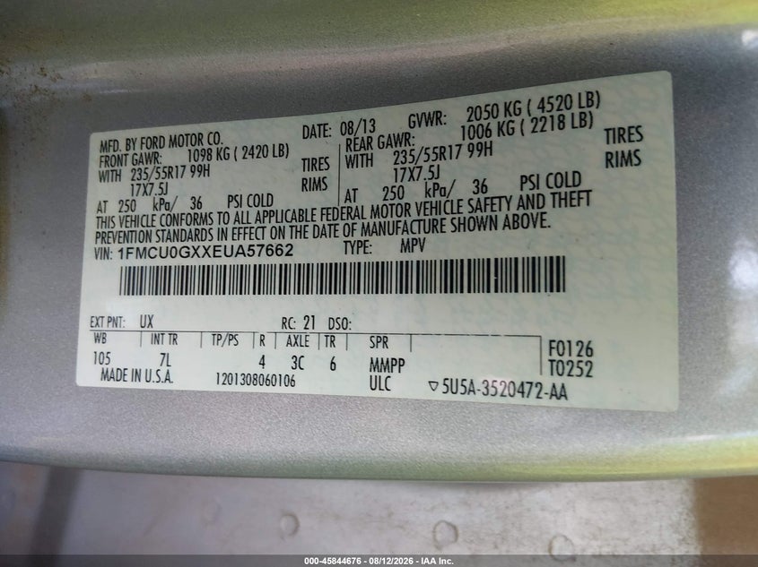 FORD ESCAPE 2014 VIN 1FMCU0GXXEUA57662