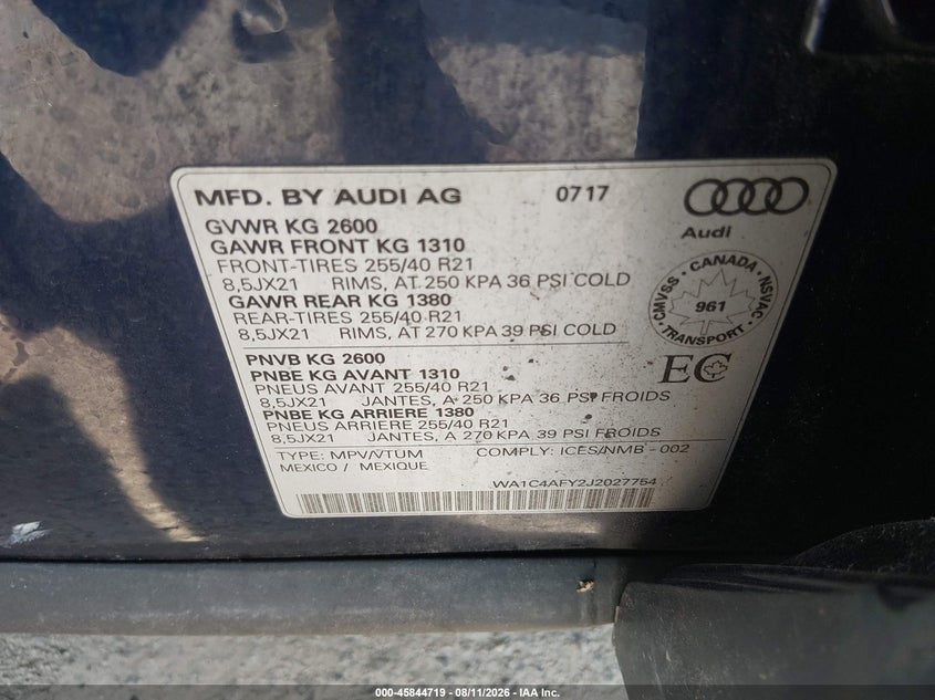 AUDI SQ5 2018 VIN WA1C4AFY2J2027754