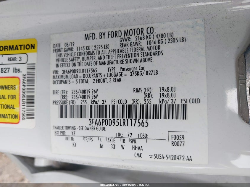 2020 FORD FUSION SEDAN 2.0L I-4 DI, DOHC, VVT, TURBO, 245HP