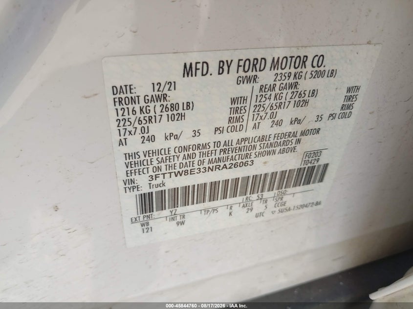 FORD MAVERICK 2022 VIN 3FTTW8E33NRA26063