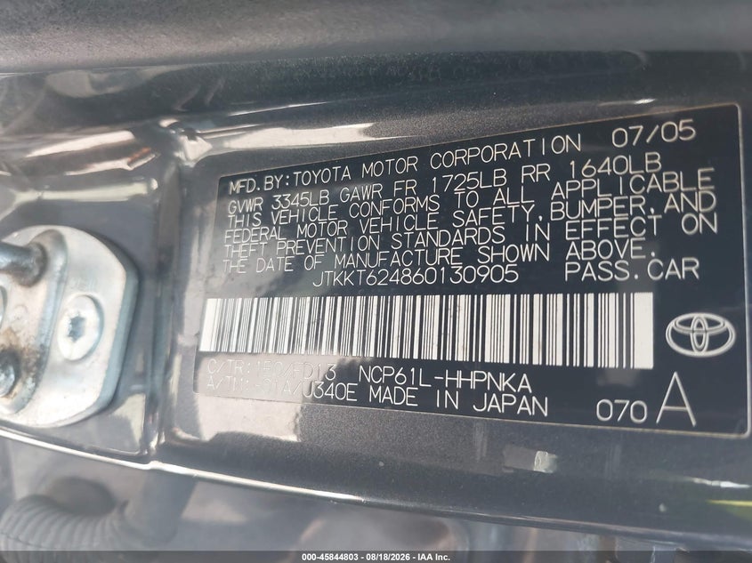 SCION XA 2006 VIN JTKKT624860130905