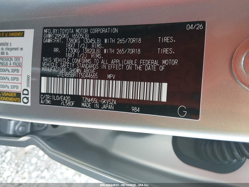 TOYOTA 4RUNNER HYBRID 2026 VIN JTEVB5BR1T5044665