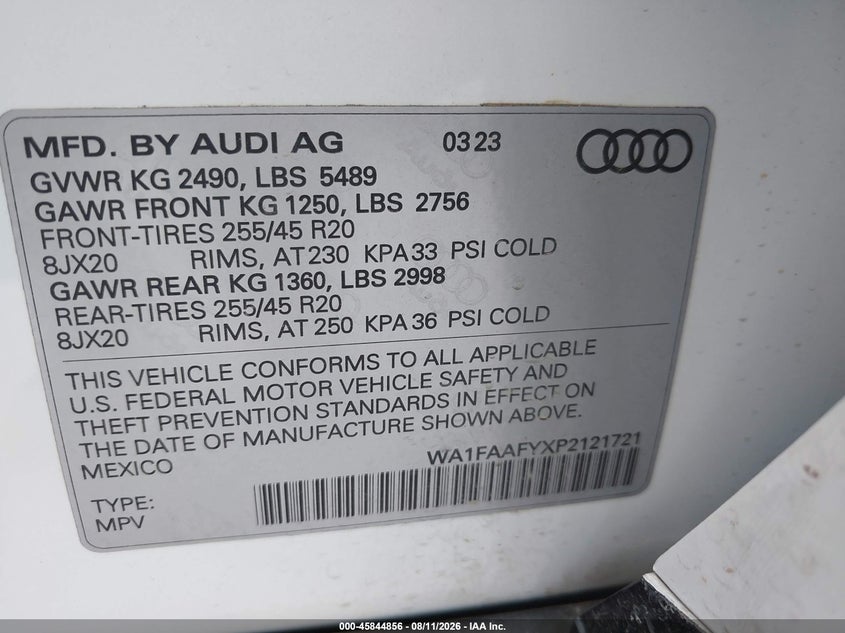AUDI Q5 2023 VIN WA1FAAFYXP2121721