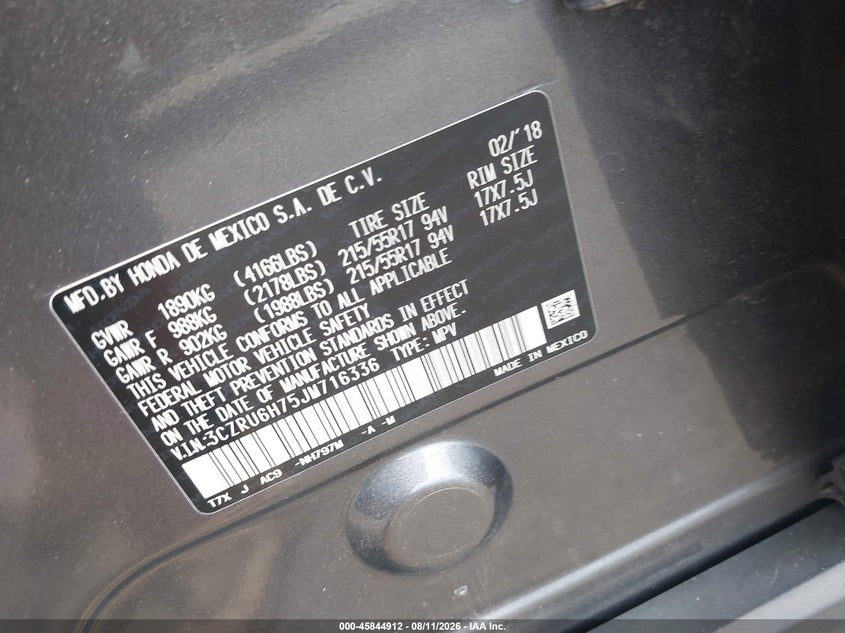 HONDA HR-V 2018 VIN 3CZRU6H75JM716336
