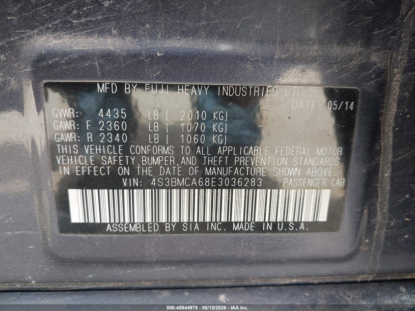 2014 SUBARU LEGACY SEDAN 2.5L H-4 DOHC, VVT, 173HP