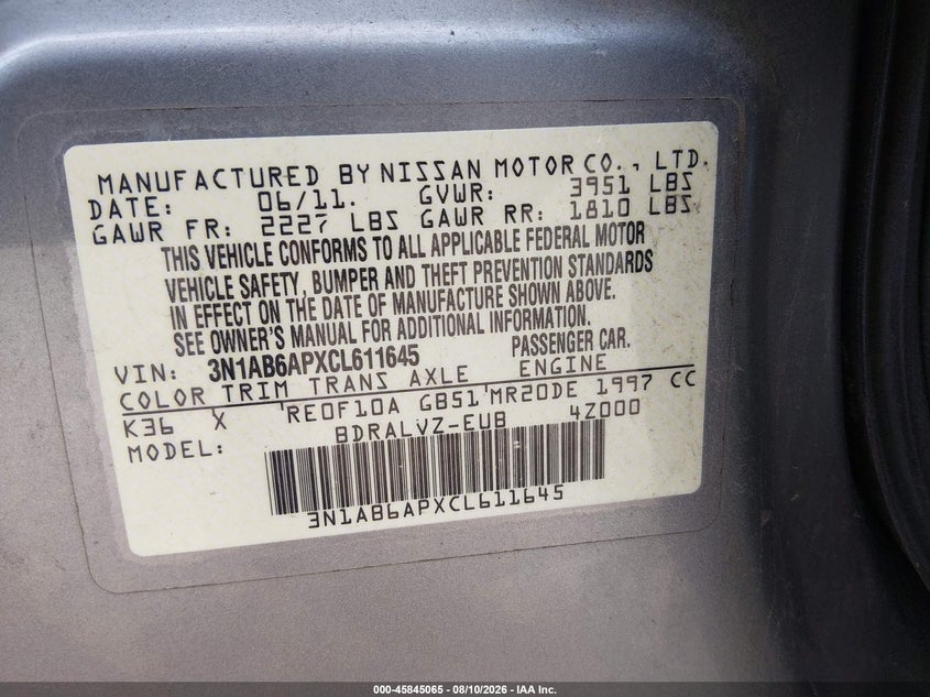 2012 NISSAN SENTRA SEDAN 2.0L I-4 DOHC, VVT, 140HP