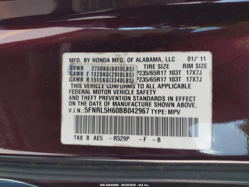 2011 HONDA ODYSSEY VAN 3.5L V-6 VVT, 248HP