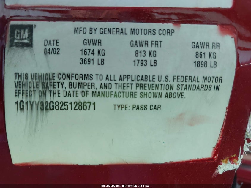 CHEVROLET CORVETTE 2002 VIN 1G1YY32G825128671
