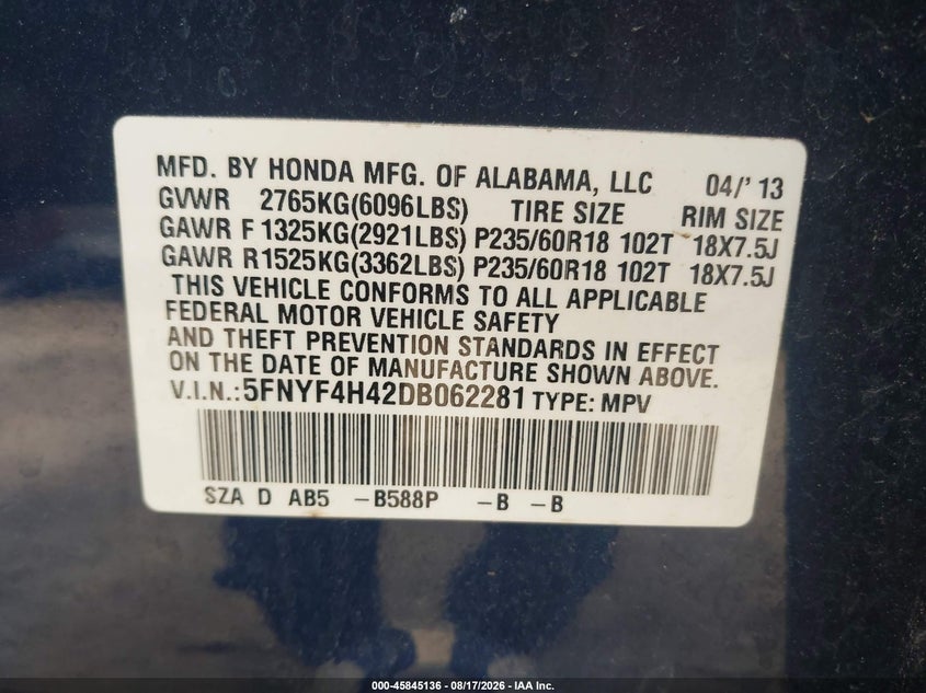 HONDA PILOT 2013 VIN 5FNYF4H42DB062281