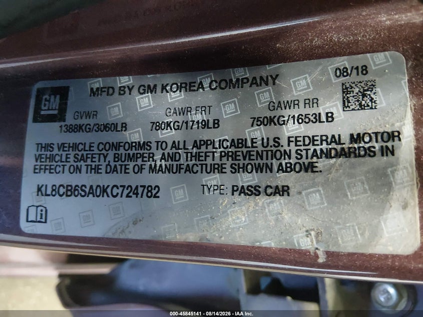 CHEVROLET SPARK 2019 VIN KL8CB6SA0KC724782